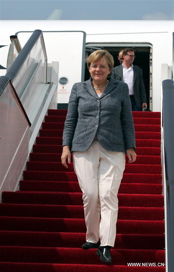 German Chancellor Angela Merkel arrives in China's eastern city of Hangzhou to attend the 11th Group of 20 (G20) summit, Sept. 4, 2016. (Xinhua/Cai Yang)  German Chancellor Angela Merkel arrives in China's eastern city of Hangzhou to attend the 11th Group of 20 (G20) summit, Sept. 4, 2016. (Xinhua/Cai Yang)