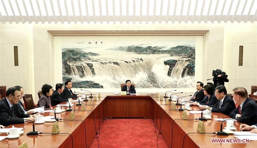 Zhang Dejiang, executive chairperson of the presidium for the fifth session of China's 12th National People's Congress (NPC) and chairman of the Standing Committee of the NPC, presides over the third meeting of executive chairpersons of the presidium at the Great Hall of the People in Beijing, capital of China, March 14, 2017. (Xinhua/Ma Zhancheng)  Zhang Dejiang, executive chairperson of the presidium for the fifth session of China's 12th National People's Congress (NPC) and chairman of the Standing Committee of the NPC, presides over the third meeting of executive chairpersons of the presidium at the Great Hall of the People in Beijing, capital of China, March 14, 2017. (Xinhua/Ma Zhancheng)