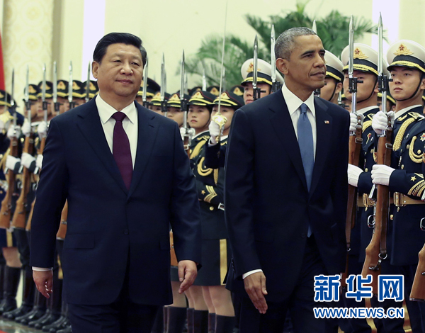 11月12日,國家主席習近平在北京人民大會堂舉行歡迎儀式,歡迎美國總統奧巴馬對中國進行國事訪問。 新華社記者 龐興雷 攝 11月12日,國家主席習近平在北京人民大會堂舉行歡迎儀式,歡迎美國總統奧巴馬對中國進行國事訪問。 新華社記者 龐興雷 攝