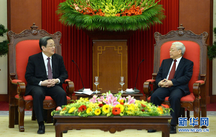 12月25日至27日，中共中央政治局常委、全國政協主席俞正聲對越南進行正式訪問。這是12月26日，俞正聲在河內會見越共中央總書記阮富仲。 新華社記者馬占成攝