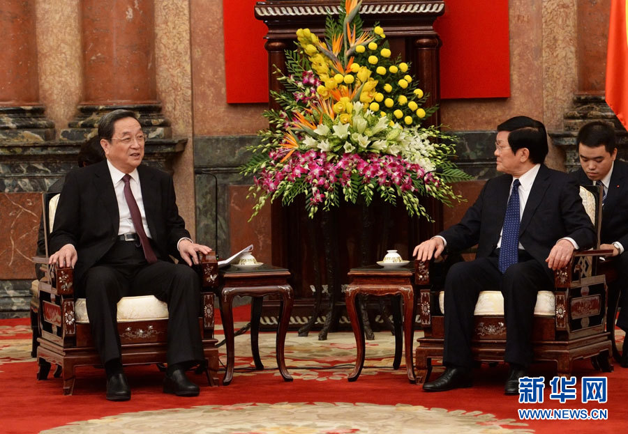 12月25日至27日，中共中央政治局常委、全國政協主席俞正聲對越南進行正式訪問。這是12月26日，俞正聲在河內會見越南國家主席張晉創。 新華社記者劉建生攝